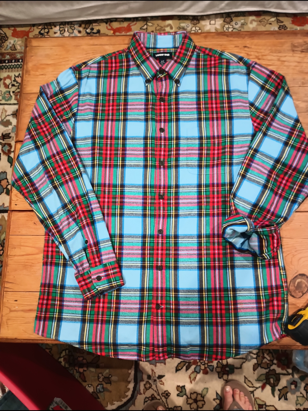 Men's Land's End Heavyweight Cotton Flannel Plaid Button Down Shirt Sz LT
